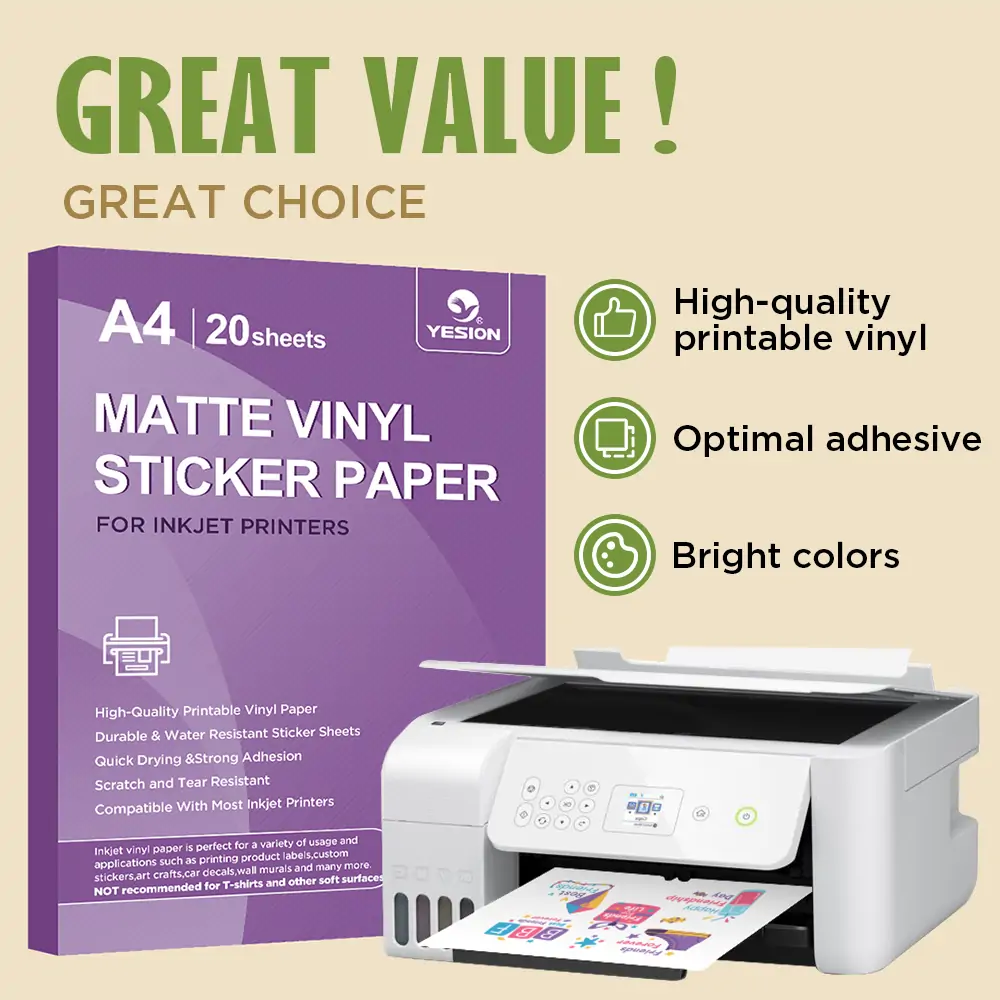 20 Glossy Sticker Paper Cricut for Inkjet Printer- Waterproof Paper Printable Vinyl White Decal Sheets A4 - Holds Ink Beautifully & Dries Quickly